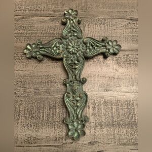 11.5” X 8.5” Resin Vintage Floral Wall Cross, Green Patina color, Preloved